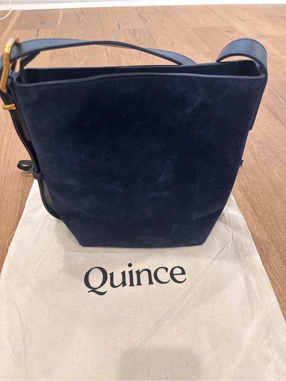 Quince Navy Suede Shoulder Bag with Leather Strap